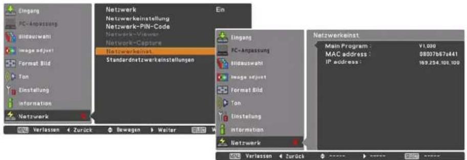 Eingang PC-Anpassung Bildauwahl Image adjust Format Bild Ton Einstellung Information Netzwerk Verlassen Zurück Bewagen Weiter En Netzwerk Netzwerkeinstellung Netzwerk-PiN-Code Netzwerk-Viewer Netzwerk-Capture Netzwerkeinst Standardnetzwerkeinstellungen Eingang PC-Anpassung Mäßauswahl Image adjust Format Bild Ton Einstellung Information Netzwerk Netzwerkeinst Main Program : ¥1.090 MAC address : 08007b67a441 IP address : 169.254.108.100