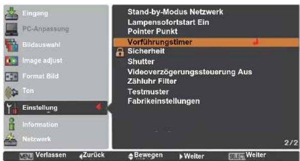 Eingang PC-Anpassung Bildauswahl Image adjust Format Bild Ton Einstellung Information Netzwerk Stand-by-Modus Netzwerk Lampensofortstart Ein Pointer Punkt Vorführungstimer Sicherheit Shutter Videoverzögerungssteuerung Aus Zähluhr Filter Testmuster Fabrikeinstellungen 2/2 Verlassen Zurück Bewegen Weiter BLCT Weiter