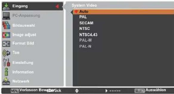 Eingang PC-Anpassung Bildauswahl Image adjust Format Bild Ton Einstellung Information Netzwerk System Video Auto PAL SECAM NTSC NTSC4.43 PAL-M PAL-N Verlassen Bowesrück ---- >---- >---- Auswählen