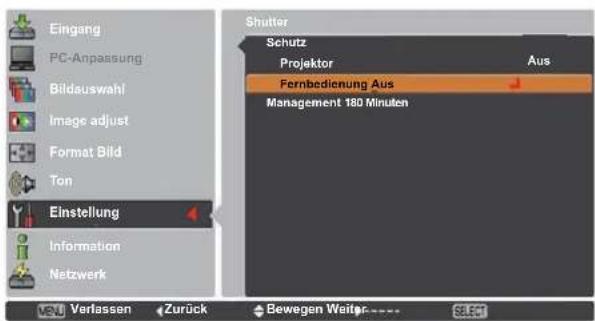 Eingang PC-Anpassung Bildauswahl Image adjust Format Bild Ton Einstellung Information Netzwerk Verlassen Zurück Shutter Schutz Projektor Aus Fernbedienung Aus Management 180 Minuten Bewegen Weiter