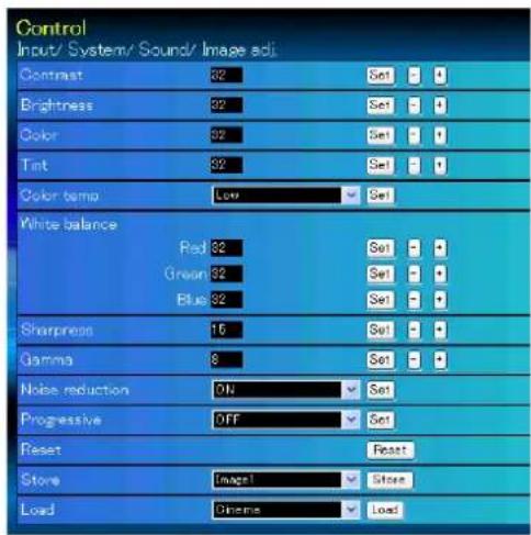 Control Input/ System/ Sound/ Image adj. Contrast 82 Set - # Brightness 82 Set - # Color 82 Set - # Tint 82 Set - # Color tamo Low Set White balance Red 82 Set - # Green 82 Set - # Blue 82 Set - # Sharpness 16 Set - # Gamma 8 Set - # Noise reduction ON Set Progressive OFF Set Reset Reset Store Image Store Load Gamma Load