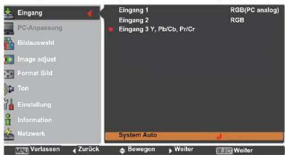 Eingang PC-Anpassung Bildauswahl Image adjust Format Bild Ton Einstellung Information Netzwerk Eingang 1 RGB(PC analog) Eingang 2 RGB Eingang 3 Y, Pb/Cb, Pr/Cr System Auto VERL Verlassen Zurück Bewegen Weiter Reset Weiter