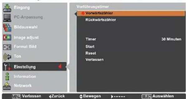 Eingang PC-Anpassung Bildauswahl Image adjust Format Bild Ton Einstellung Information Netzwerk Vorführungstimer Vorwärtszähler Rückwärtszähler Timer 30 Minuten Start Reset Verlassen VEN Verlassen Zurück Bewegen AUwählen