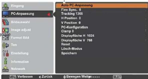 Eingang PC-Anpassung Bildauswahl Image adjust Format Bild Ton Einstellung Information Netzwerk Auto PC-Anpassung Fine Sync. 0 Tracking 1366 H Position 0 V Position 0 PC-Konfiguration Clamp 0 Displayfläche H 1024 Displayfläche V 768 Reset Lösch-Modus Speichern REV Verlassen Zurück Bewegen Weiter .... ELECT