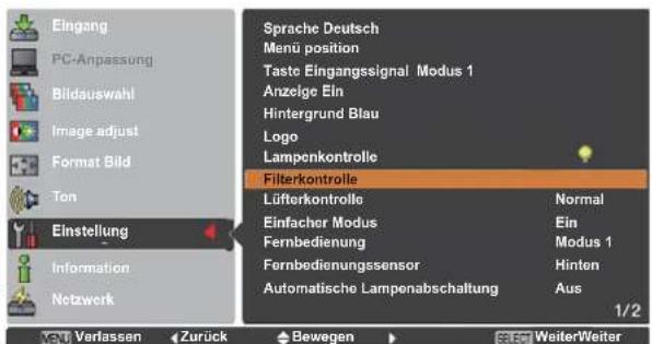 Eingang PC-Anpassung Bildauswahl Image adjust Format Bild Ton Einstellung Information Netzwerk Sprache Deutsch Menü position Taste Eingangssignal Modus 1 Anzeige Ein Hintergrund Blau Logo Lampenkontrolle Filterkontrolle Lüfterkontrolle Normal Einfacher Modus Ein Fernbedienung Modus 1 Fernbedienungssensor Hinten Automatische Lampenabschaltung Aus 1/2 WEN Verlassen Zurück Bewegen SELECT WeiterWeiter