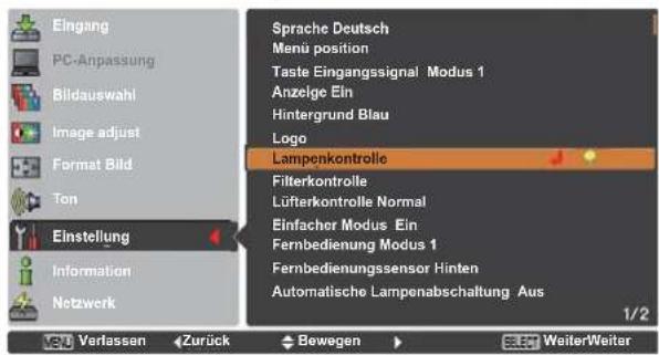 Eingang PC-Anpassung Bildauswahl Image adjust Format Bild Ton Einstellung Information Netzwerk Sprache Deutsch Menu position Taste Eingangssignal Modus 1 Anzelge Ein Hintergrund Blau Logo Lampenkontrolle Filterkontrolle Lüfterkontrolle Normal Einfacher Modus Ein Fernbedienung Modus 1 Fernbedienungssensor Hinten Automatische Lampenabschaltung Aus 1/2 VER Verlassen Zurück Bewegen WeiterWeiter