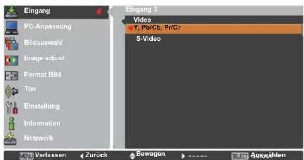 Eingang PC-Anpassung Bildauswahl Image adjust Format Bild Ton Einstellung Information Netzwerk Eingang 3 Video Y, Pb/Cb, Pr/Cr S-Video Verlassen Zurück Bewegen Ausvählen