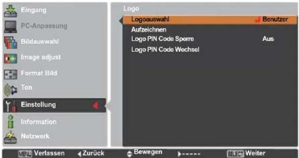 Eingang PC-Anpassung Bildauswahl Image adjust Format Bild Ton Einstellung Information Netzwerk VSV Verlassen Zurück Logo Logoauswahl Bonutzer Aufzeichnen Logo PIN Code Sperrn Aus Logo PIN Code Wechsel Bewegen Weiter