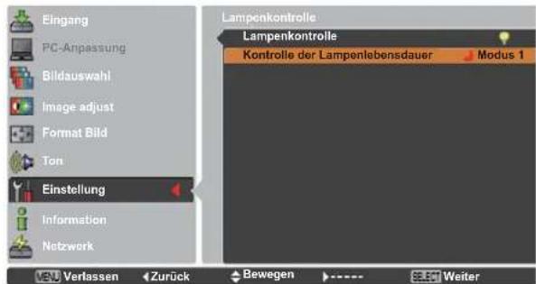 Eingang PC-Anpassung Bildauswahl Image adjust Format Bild Ton Einstellung Information Netzwerk Lampenkontrolle Lampenkontrolle Kontrolle der Lampenlebensdauer Modus 1 VERU Verlassen Zurück Bewegen Weiter