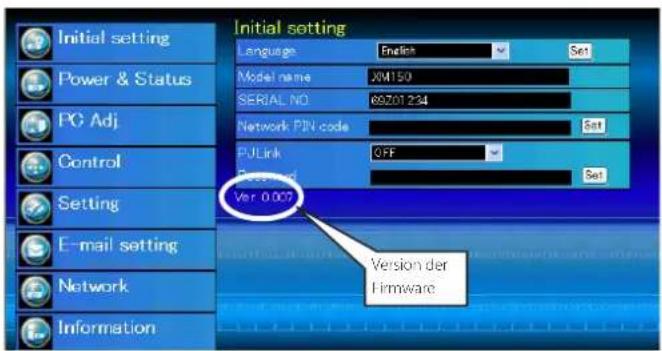 Initial setting Language: English Set Model name XM150 SERIAL NO 69201 234 Network PIN code Set PULink OFF Set Power and Ver 0.007 E-mail setting Network Information Version der Firmware