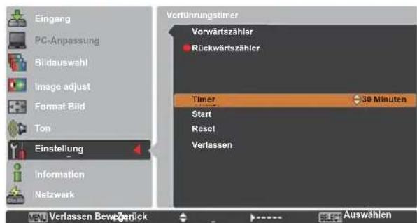 Eingang PC-Anpassung Bildauswahl Image adjust Format Bild Ton Einstellung Information Netzwerk Vorführungstimer Vorwärtszähler Rückwärtszähler Timer 30 Minuten Start Reset Verlassen Verlassen Bewe Verwick Auswählen