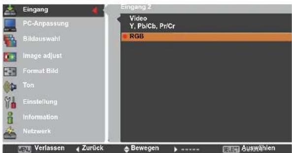 Eingang PC-Anpassung Bildauswahl Image adjust Format Bild Ton Einstellung Information Netzwerk Eingang 2 Video Y, Pb/Cb, Pr/Cr RGB Verlassen Zurück Bewegen Auswählen