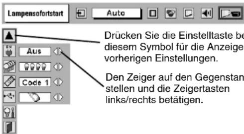 Lampensofortstart Auto Drücken Sie die Einstelltaste be diesem Symbol für die Anzeige vorherigen Einstellungen. Den Zeiger auf den Gegenstan stellen und die Zeigertasten links/rechts betätigen.