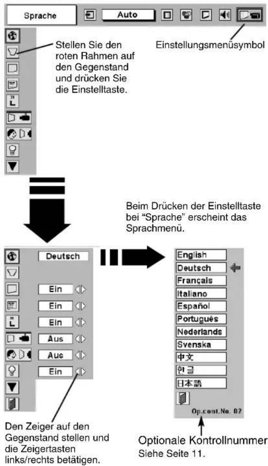 Sprache Auto Stellen Sie den roten Rahmen auf den Gegenstand und drücken Sie die Einstelltaste. Einstellungsmenüsymbol Beim Drücken der Einstelltaste bei "Sprache" erscheint das Sprachmenü. Deutsch Ein Ein Ein Aus Aus Ein English Deutsch Français Italiano Español Português Nederlands Svenska 中文 한글 日本語 Op.cont.No. 02 Den Zeiger auf den Gegenstand stellen und die Zeigertasten links/rechts betätigen. Optionale Kontrollnummer Siehe Seite 11.