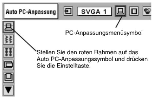 Auto PC-Anpassung SVGA 1 PC-Anpassungsmenüsymbol Stellen Sie den roten Rahmen auf das Auto PC-Anpassungssymbol und drücken Sie die Einstelltaste.