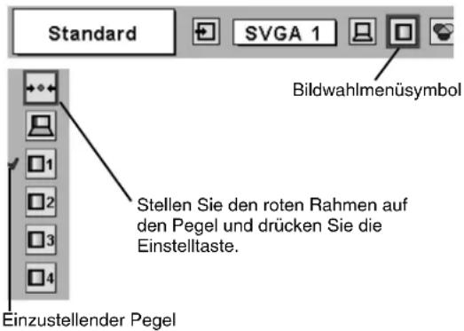 Standard SVGA 1 Bildwahlmenüsymbol Stellen Sie den roten Rahmen auf den Pegel und drücken Sie die Einstelltaste. Einzustellender Pegel