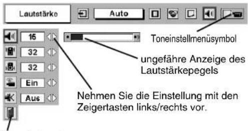 Lautstärke Auto 16 32 32 Ein Aus Toneinstellmenüsymbol ungefähre Anzeige des Lautstärkepegels Nehmen Sie die Einstellung mit den Zeigertasten links/rechts vor.