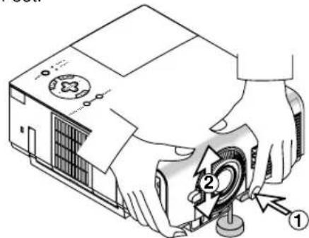 Technical diagram showing a hand operating a computer with labeled parts 1 and 2, likely illustrating a mechanical or electronic component.