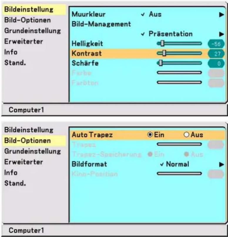 Bildeinstellung Bild-Optionen Grundeinstellung Erweiterter Info Stand. Muurkleur Bild-Management ✓ Aus ✓ Präsentation Helligkeit Kontrast Schärfe Farbe Farbton -56 27 0 Computer1 Bildeinstellung Bild-Optionen Grundeinstellung Erweiterter Info Stand. Auto Trapez Trapez-Speicherung Bildformat Kino-Position Ein Aus ✓ Normal Computer1