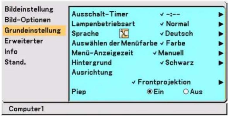Bildeinstellung Bild-Optionen Grundeinstellung Erweiterter Info Stand. Ausschalt-Timer Lampenbetriebsart Sprache Auswählen der Menüfarbe Menü-Anzeigezeit Hintergrund Ausrichtung Piep ✓ -:-- ✓ Normal ✓ Deutsch ✓ Farbe ✓ Manuell ✓ Schwarz ✓ Frontprojektion ● Ein ○ Aus Computer1