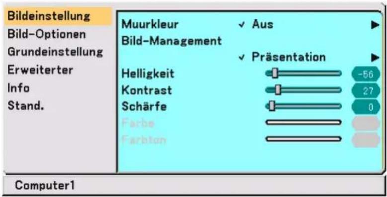 Bildeinstellung Bild-Optionen Grundeinstellung Erweiterter Info Stand. Muurkleur Bild-Management ✓ Aus ✓ Präsentation Helligkeit Kontrast Schärfe Farbe Farbton -56 27 0 Computer1