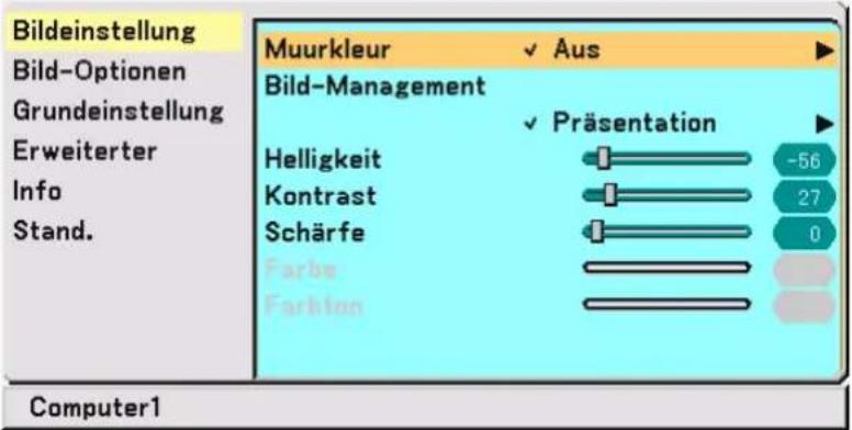 Bildeinstellung Bild-Optionen Grundeinstellung Erweiterter Info Stand. Muurkleur Bild-Management Aus Präsentation Helligkeit Kontrast Schärfe Farbe Farbion -56 27 0 Computer1