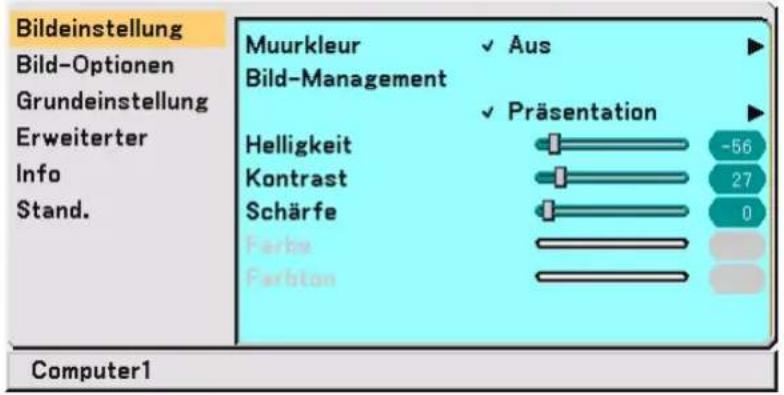 Bildeinstellung Bild-Optionen Grundeinstellung Erweiterter Info Stand. Muurkleur Bild-Management ✓ Aus ✓ Präsentation Helligkeit Kontrast Schärfe Farbe Farbton -56 27 0 Computer1