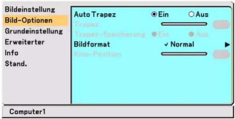 Bildeinstellung Bild-Optionen Grundeinstellung Erweiterter Info Stand. Auto Trapez Trapez Trapez-Speicherung Bildformat Kino-Position Ein Aus Ein Aus Normal Computer1