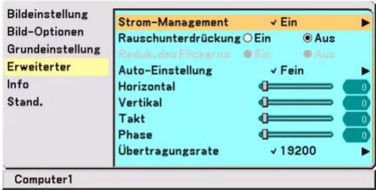 Bildeinstellung Bild-Optionen Grundeinstellung Erweiterter Info Stand. Strom-Management ✓ Ein Rauschunterdrückung ○ Ein ● Aus Reduk. des Flickers ● Ein ● Aus Auto-Einstellung ✓ Fein Horizontal 0 Vertical 0 Takt 0 Phase 0 Übertragungsrate ✓ 19200 Computer1