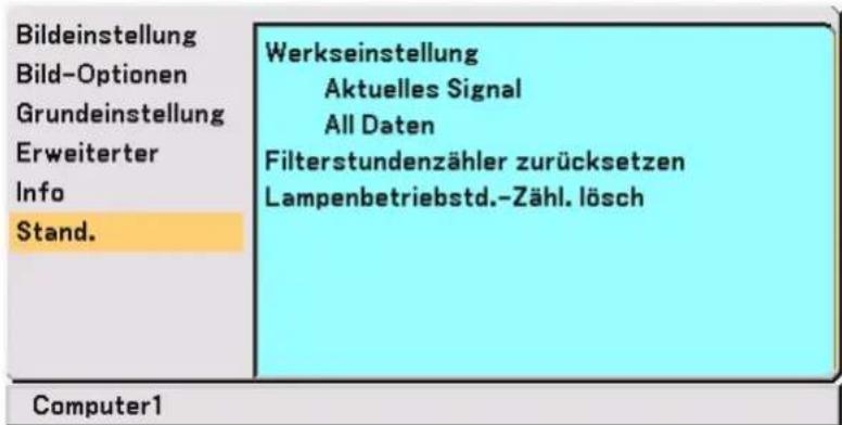 Bildeinstellung Bild-Optionen Grundeinstellung Erweiterter Info Stand. Werkseinstellung Aktuelles Signal All Daten Filterstundenzähler zurücksetzen Lampenbetriebstd.-Zähl. lösch Computer1