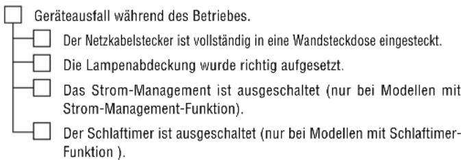 Geräteausfall während des Betriebes. Der Netzkabelstecker ist vollständig in eine Wandsteckdose eingesteckt. Die Lampenabdeckung wurde richtig aufgesetzt. Das Strom-Management ist ausgeschaltet (nur bei Modellen mit Strom-Management-Funktion). Der Schlaftimer ist ausgeschaltet (nur bei Modellen mit Schlaftimer-Funktion).