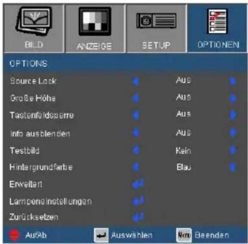 BILD ANZEIGE SETUP OPTIONEN OPTIONS Source Lock Aus Große Höhe Aus Tastenfeldspierre Aus Info ausblenden Aus Testbild Kein Hintergrundfarbe Blau Enweitant Lampeneinstellungen Zurücksetzen AufAb Auswählen Nem Beenden