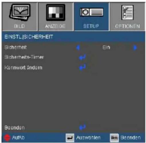 BILD ANZEIDE SETUP OPTIONEN EINSTLISICHERHEIT Sicherheit Ein Sicherheits-Timer Kernwort ändern Beenden Aufab Auswahlen Vni Beenden
