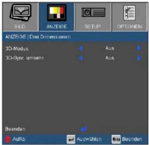 BILD ANZEIGE SETUP OPTIONEN ANZEIGE | Drei Dimensionen 3D-Modus Aus 3D-Sync umkehr Aus Beenden Aufdo Auswählen Aus Beenden