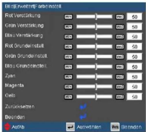 Bil d(Erweiten) Farbe instell Rot Verstärkung Grün Verstärkung Blau Verstärkung Rot Grundelnstell. Grün Grundelnstell. Blau Grundelnstell. Zyan Magenta Gelb Zurücksetzen Beenden AufAb Auswählen Krt Beenden