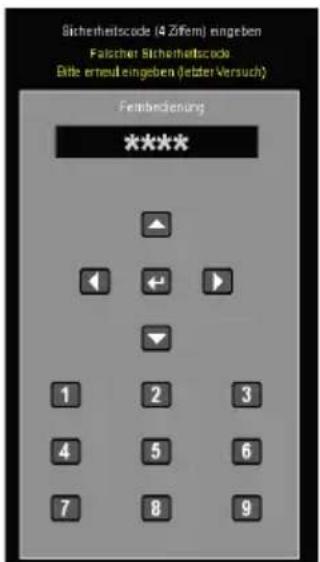 Sicherheitscode (4 Zifem) eingeben Falcher Sicherheitscode Bitte erneuileingeben (letder Versuch) Ferbedienung **** ▲ ◀ ← ▶ ▼ 1 2 3 4 5 6 7 8 9