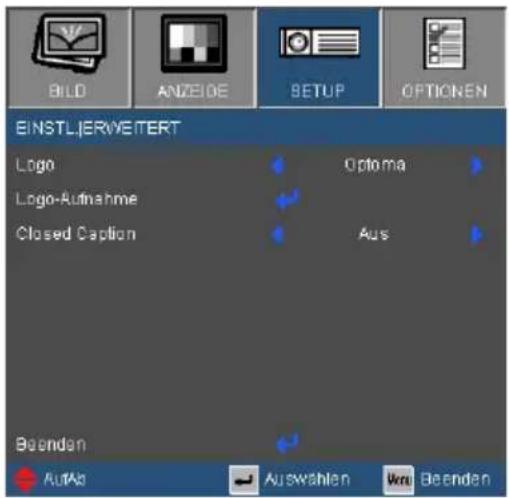 BILD ANZEBE SETUP OPTIONEN EINSTLIERWEITERT Logo Optoma Logo-Aufnahme Closed Caption Aus Beenden AutAs Auswahlen Verm Beenden