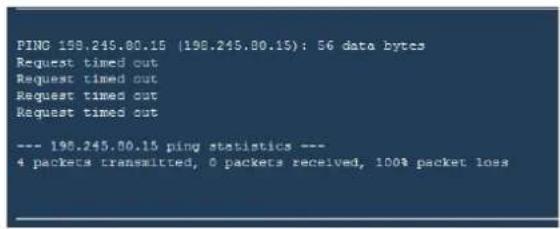 PING 198.245.00.15 (198.245.00.15): 56 data bytes Request timed out Request timed out Request timed out Request timed out --- 198.245.00.15 ping statistics --- 4 packets transmitted, 0 packets received, 100% packet loss