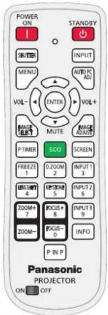 POWER ON I SHUTTER MENU VOL- ENTER VOL+ MUTE IMAGE SET P-TIMER FREEZE 1 D-ZOOM 2 EKO SCREEN 4 KSTONE 5 ZOOM+ 7 FOCUS+ 8 ZOOM- FOCUS- 0 P IN P STANDBY INPUT AUTO PC ADJ IMAGE ADJUST SCREEN INPUT 1 3 INPUT 2 6 INPUT 3 9 INFO P IN P Panasonic PROJECTOR ON OFF
