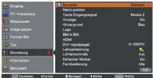 Eingang PC-Anpassung Bildauswahl Image adjust Format Bild Ton Einstellung Information Netzwerk Sprache Deutsch Menü position Taste Eingangssignal Modus 2 Anzeige Ein Hintergrund Blau Logo Bild in Bild HDMI DVI-signalpegel 0-255PC Lampenleistung Lüfterkontrolle Aus Einfacher Modus Ein Fernbedierung Alle 1/2 Verlassen Zurück Bewegen Weiter Weiter