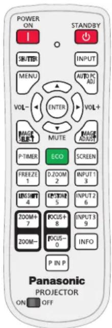 POWER ON I SHUTTER MENU VOL- ENTER VOL+ IMAGE SELECT MUTE IMAGE ADJUST P-TIMER ECO SCREEN FREEZE 1 D-ZOOM 2 INPUT 1 3 LENGTH 4 KITCHEN 5 INPUT 2 6 ZOOM+ 7 FOCUS+ 8 INPUT 3 9 ZOOM- FOCUS- 0 INFO P IN P PANASONIC PROJECTOR ON OFF
