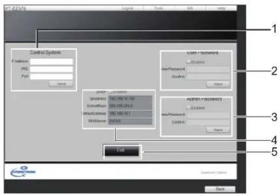 PT-E7570 Control System P Address IPD Port Send User Password Show Preset Confirm Send UHKEY: L100000000 Address: 100.100.100 Submission: 200.200.200.6 MyBlock Name: 100.100.101 OK/Cancel: 83.0.0 Add Input Password: Show Preset Confirm Send End Back 1 2 3 4 5