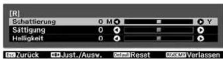 [R] Schattierung 0 M Sättigung 0 Helligkeit 0 ISO Zuruck Just./Ausw. CM Reset KCM Verlassen