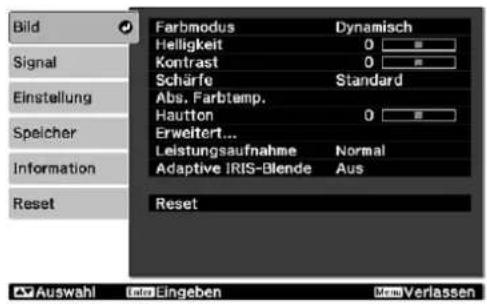 Bild Signal Einstellung Speicher Information Reset Farbmodus Dynamisch Helligkeit 0 # Kontrast 0 # Scharfe Standard Abs. Farbtemp. Hautton 0 # Erweitert... Leistungsaufnahme Normal Adaptive IRIS-Blende Aus Reset Auswahl into Eingeben MmsVerlassen