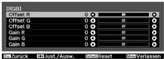 [RGB] Offset R 0 Offset G 0 Offset B 0 Gain R 0 Gain G 0 Gain B 0 Suzurück Just./Ausw. Default Reset Mend Verlassen