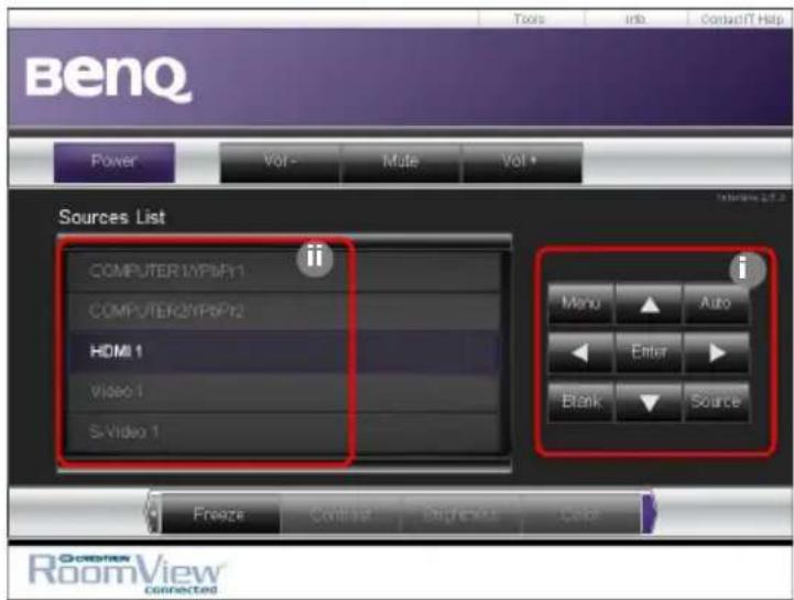 BenQ Power VOL - Mate Vol + Sources List COMPUTER1MPSP1 COMPUTER2MPSP2 HDMI 1 Video 1 S-Video 1 Menu Auto Enter Blank Source Freeze Control High-Volt Cap GloomView RoomView connected