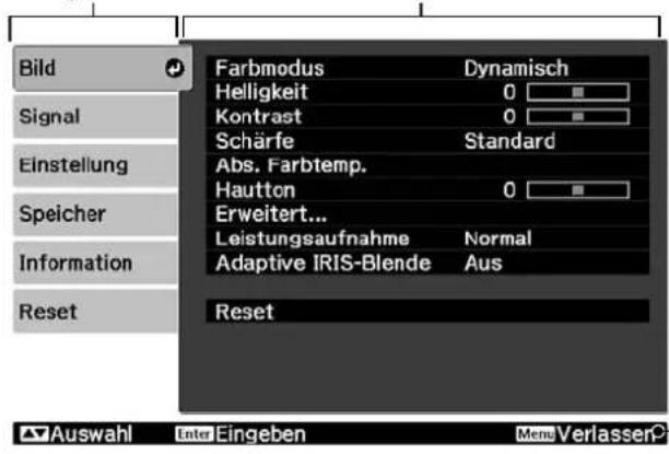 Bild Signal Einstellung Speicher Information Reset Farbmodus Dynamisch Helligkeit 0 Kontrast 0 Schärfe Standard Abs. Farbtemp. Hautton 0 Erweitert... Leistungsaufnahme Normal Adaptive IRIS-Blende Aus Reset Auswahl Enter Eingeben Mend Verlasser