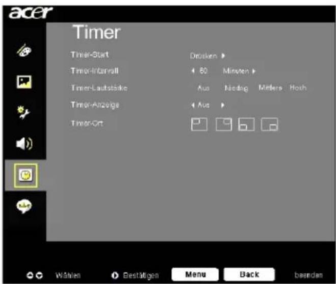 acer Timer Timer-Start Drocken > Timer-Intervall 4 60 Minuten > Timer-Lautstärke Aus Nieding Mellers Hosh Timer-Anzeige Aus > Timer-Ort Wählen Bestätigen Menu Back beanden