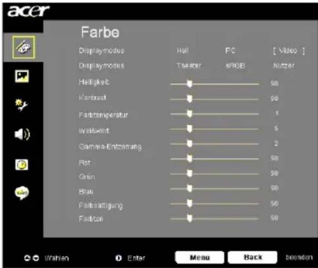 acer Farbe Displaymodus Heli PC [ Video ] Displaymodus Theater sRGB Nutzer Helligkeit 50 Krontrast 50 Falttemperatur 1 Wellwert 5 Gamma-Entzernung 2 Plot 50 Grün 50 Blau 50 Faltstätigung 50 Fallton 50 Wahlen Enter Menu Back beenden