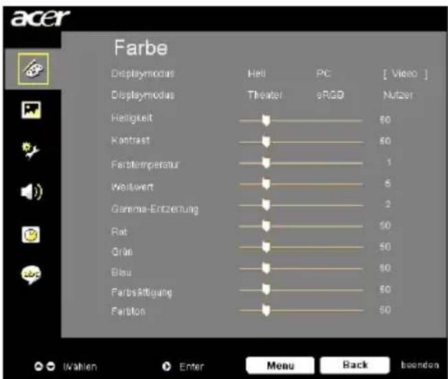 acer Farbe Displaymodus Heli PC [ Video ] Displaymodus Theater eRGB Nutzer Heiligkeit 50 Kantrast 50 Ferbtemperatur 1 Wellwert 5 Gamma-Entzernung 2 Rot 50 Grün 50 Blau 50 Farbsättigung 50 Fertition 50 Wahlen Enter Menu Back baorden